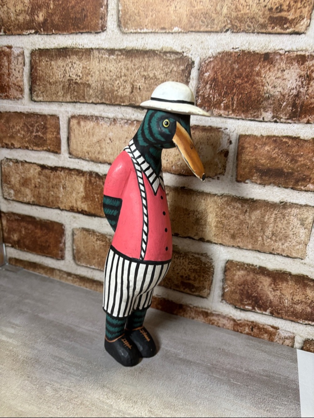 Duck Man Hand-Painted Wooden Figurine in Coral/Pink Jacket